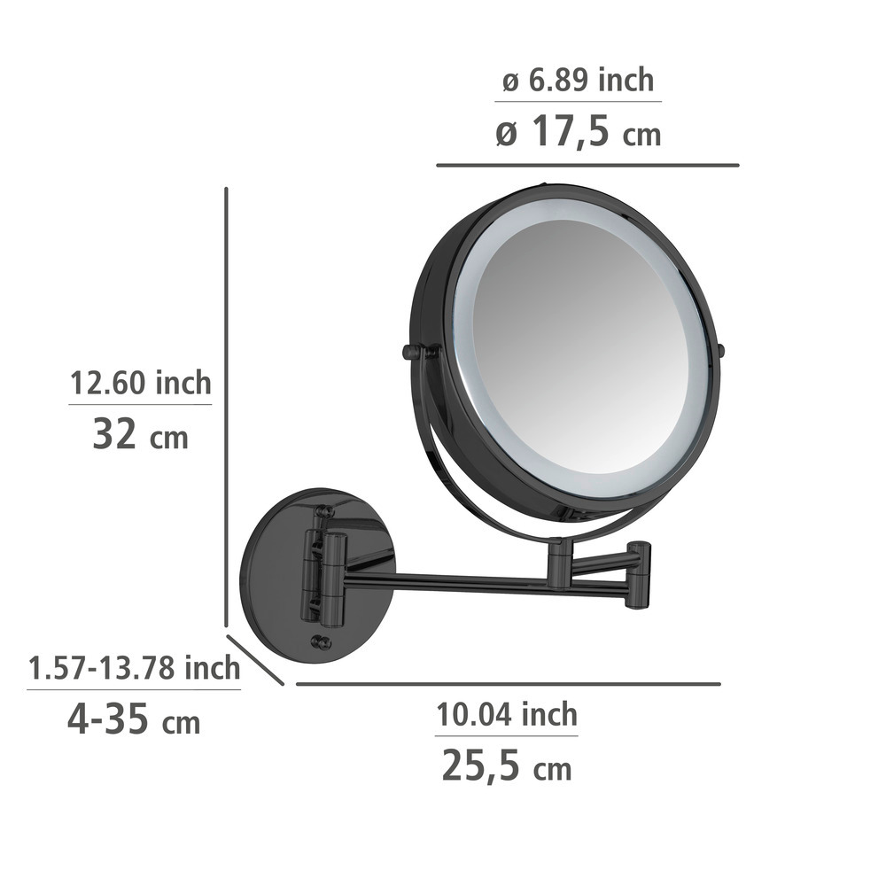 Power-Loc® LED Wandspiegel Mod. Lumi Schwarz  mit 5-fach Vergrößerung