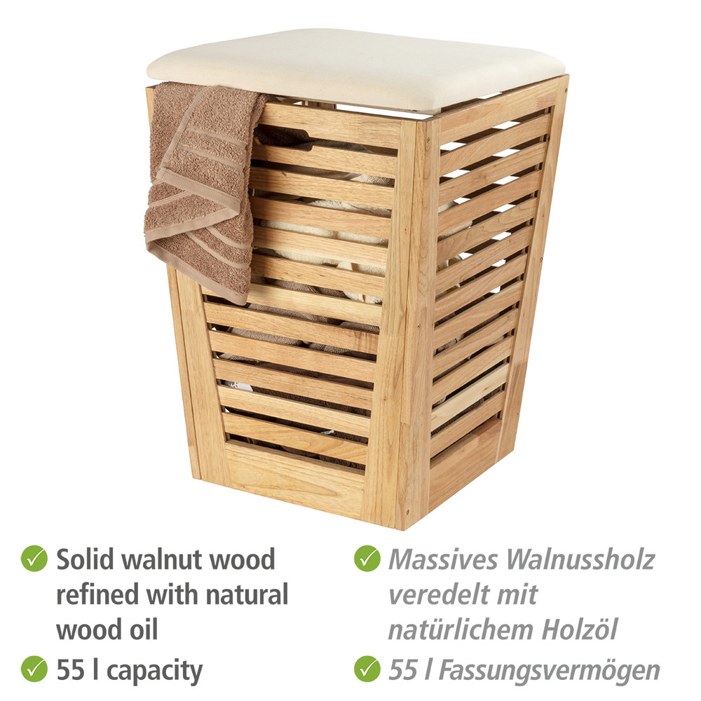 Wäschetruhe mit Sitzpolster Mod. Norway  Wäschesammler & Badhocker, massives Walnussholz, 55 L