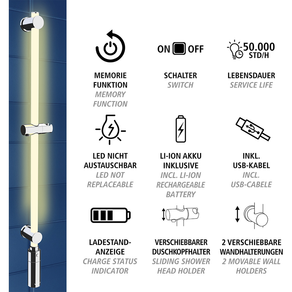 LED Duschstange, 94 cm, RGB-Farbwechsel & Warmweiß  beleuchtete Brausestange