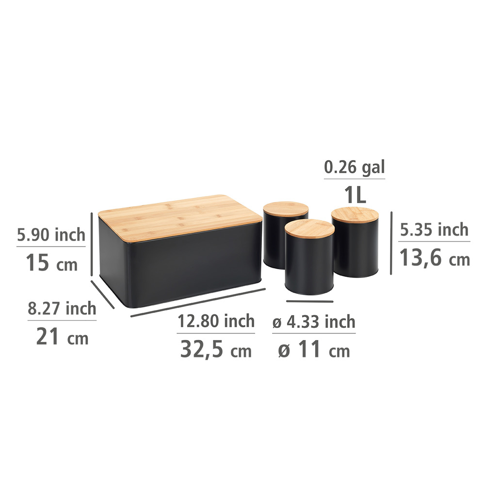 3er-Set schwarzer Vorratsdosen mit Deckel aus Bambus inkl. Brotkasten  Schwarz, mit Deckel aus Bambus
