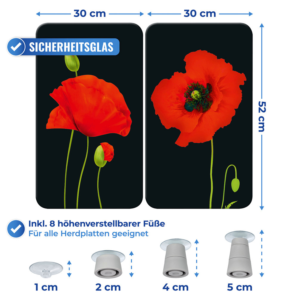 Glasabdeckplatte Universal Mod. Mohn, 2er Set  für alle Herdarten