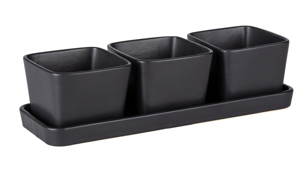 Snack & Dip Schalen Set Schwarz matt  Tablett mit 3 x 300 ml Schalen