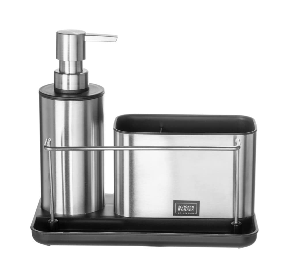 Spülorganizer Mod. SHIRLEY, silber/schwarz, Edelstahl, 21x18,5x11,5 cm mit Spülmittelspender aus Edelstahl Spülorganizer Mod. SHIRLEY, silber/schwarz, Edelstahl, 21x18,5x11,5 cm mit Spülmittelspender aus Edelstahl
