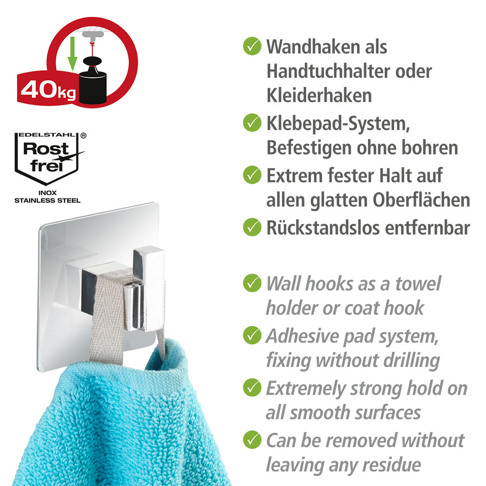 Turbo-Loc® Edelstahl Wandhaken Uno Quadro  rostfrei, Befestigen ohne bohren