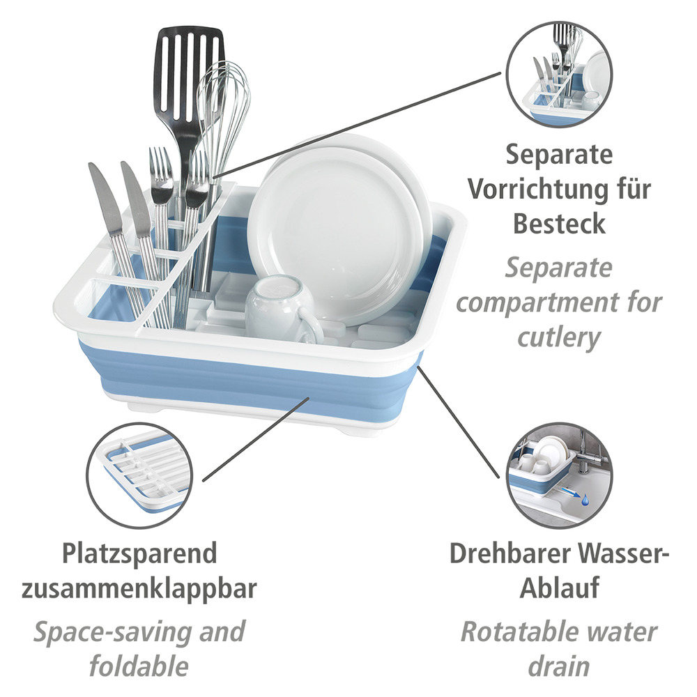 Geschirrabtropfer faltbar Blau/Weiß  mit Besteck-Halter und Tellerständer