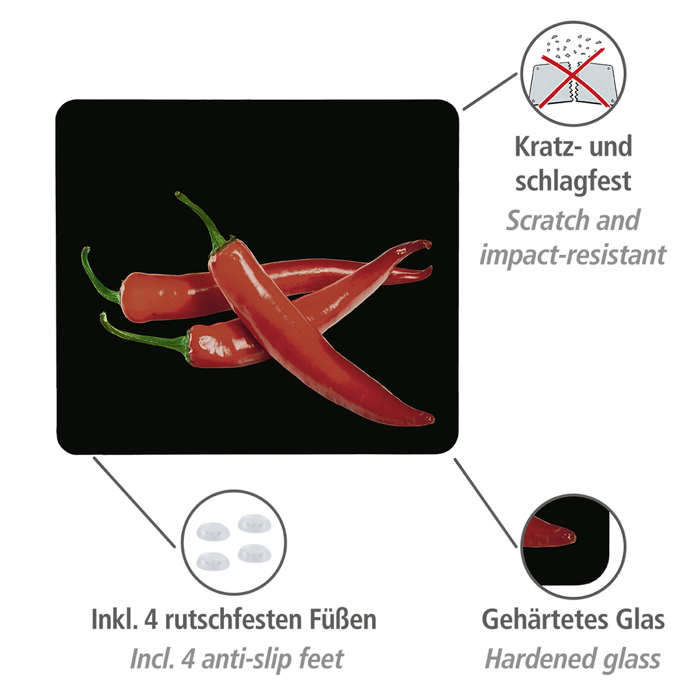 Multi-Platte Mod. Hot Peperoni  für Glaskeramik Kochfelder, Schneidbrett