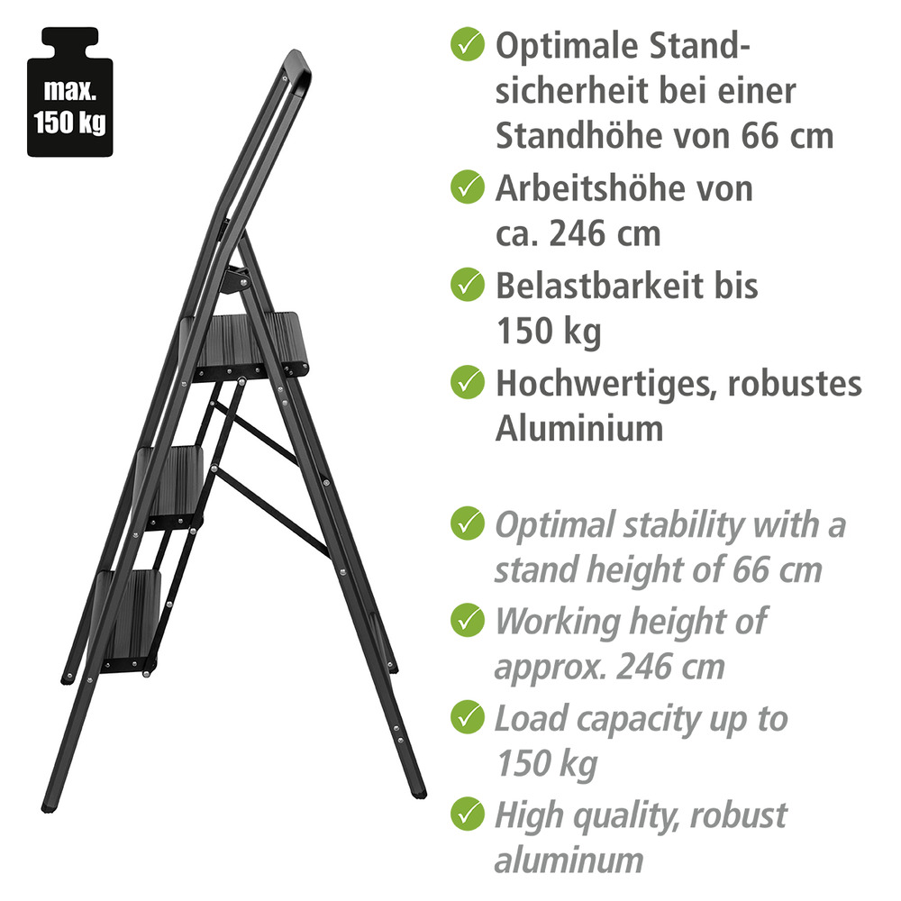 Alu-Klapptrittleiter Compact 3-stufig Dunkelgrau  leichte & rutschfeste Haushaltsleiter, Sicherheits-Stehleiter