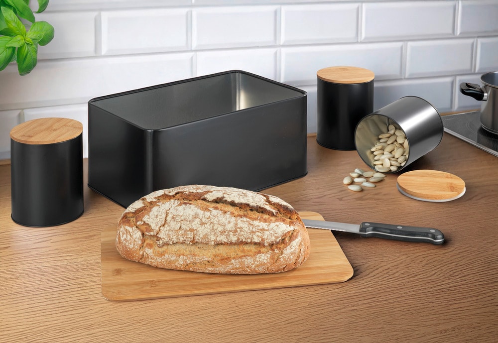 Brotkasten Set, schwarz, Metall, Bambusdeckel, 32,5x21x15 cm  inklusive 3 Aufbewahrungsdosen