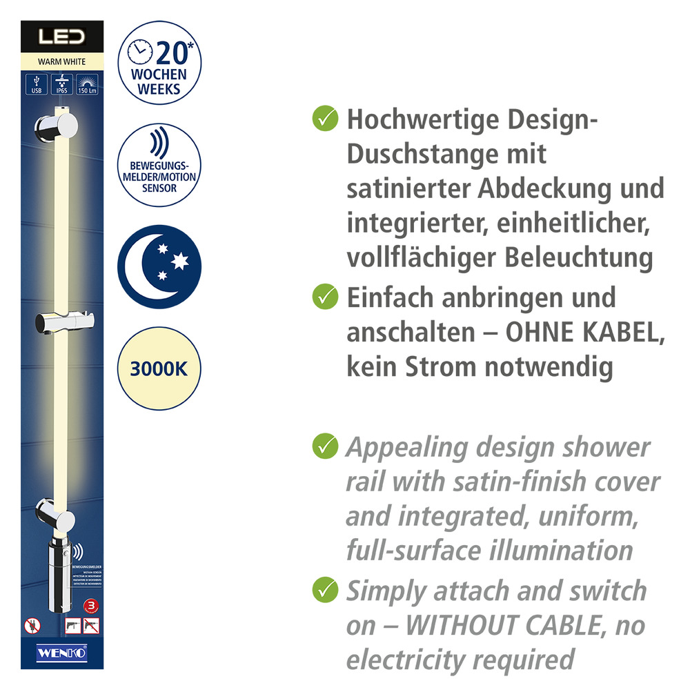 LED Duschstange, 94 cm, Warmweiß  beleuchtete Brausestange