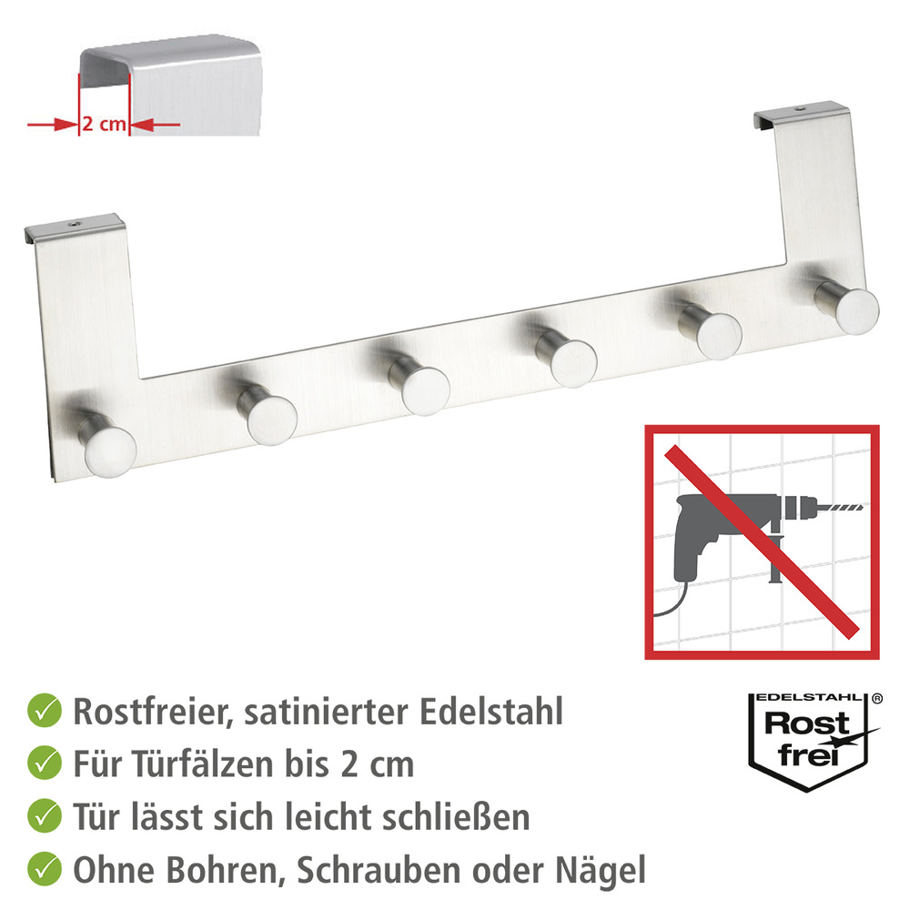 Türgarderobe Edelstahl Mod. Celano  6 Haken, für Türfalzstärken bis 2 cm