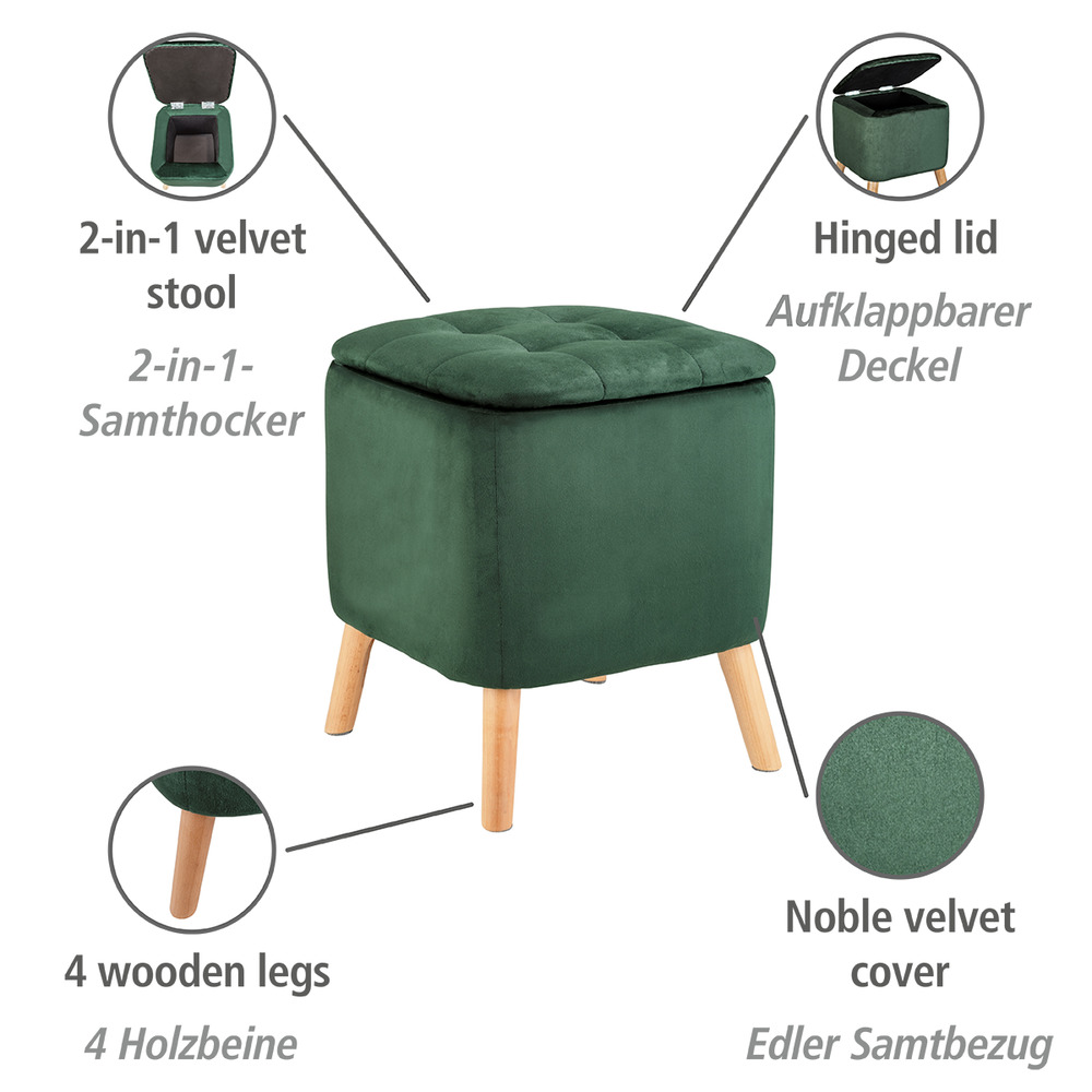 Grüner Samthocker mit verborgenem Stauraum und Holzbeinen  2 in 1 Hocker mit verborgenem Stauraum