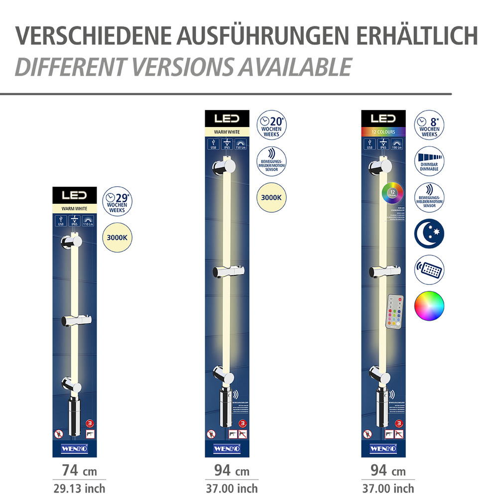 Duschstange mit beleuchteter LED, Duschhalterung, Brausestange, Duschstangenhalterung, in Warm-Weiß 74cm  beleuchtete Brausestange