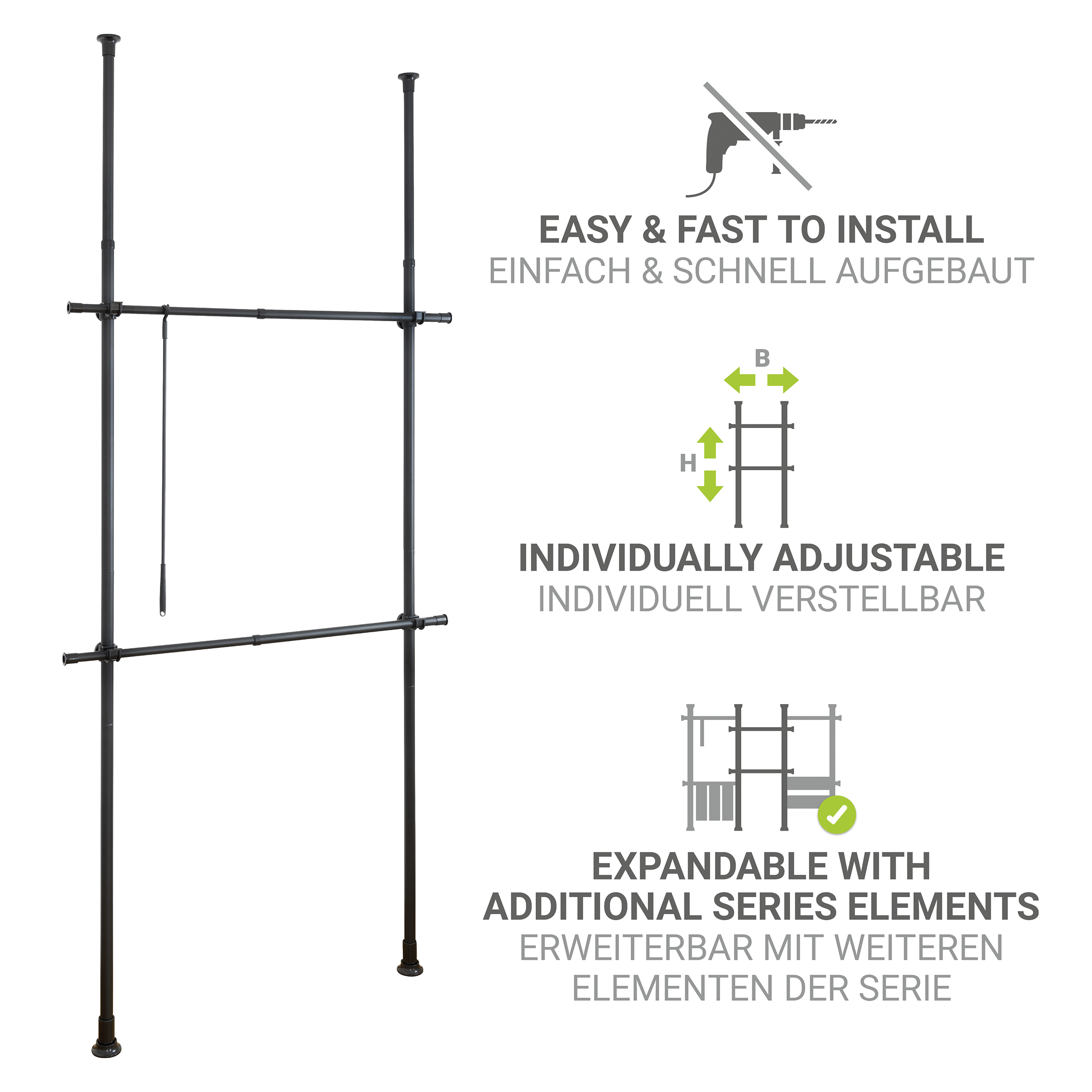 Teleskop-Garderobensystem Mod. Herkules Basic Schwarz  aus pulverbeschichtetem Stahl