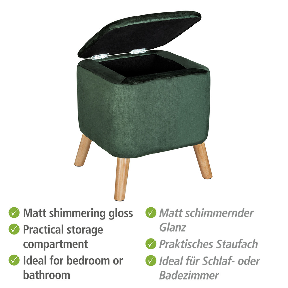 Grüner Samthocker mit verborgenem Stauraum und Holzbeinen  2 in 1 Hocker mit verborgenem Stauraum