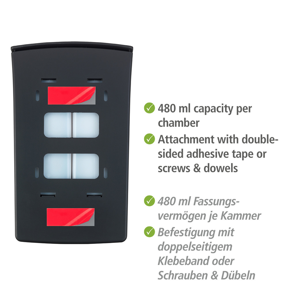 2-Kammer Desinfektionsmittel- und Seifenspender Mod. Tartas Schwarz  Seifen-Dosierer & Desinfektionsspender, Füllmenge je Kammer: 480 ml