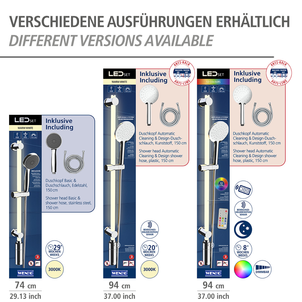 LED Duschstange, 94 cm, Warmweiß  beleuchtete Brausestange