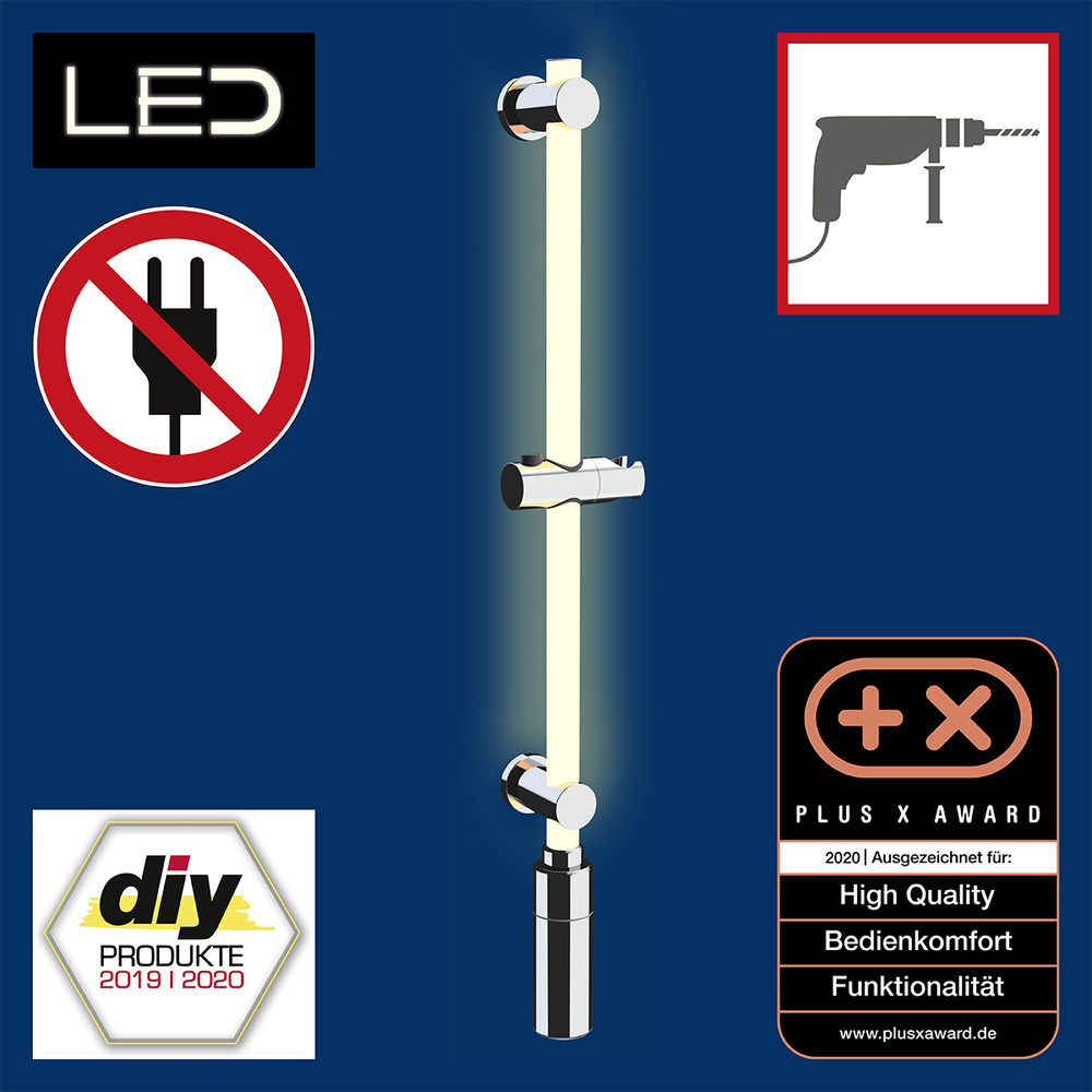 Duschstange mit beleuchteter LED, Duschhalterung, Brausestange, Duschstangenhalterung, in Warm-Weiß 74cm  beleuchtete Brausestange