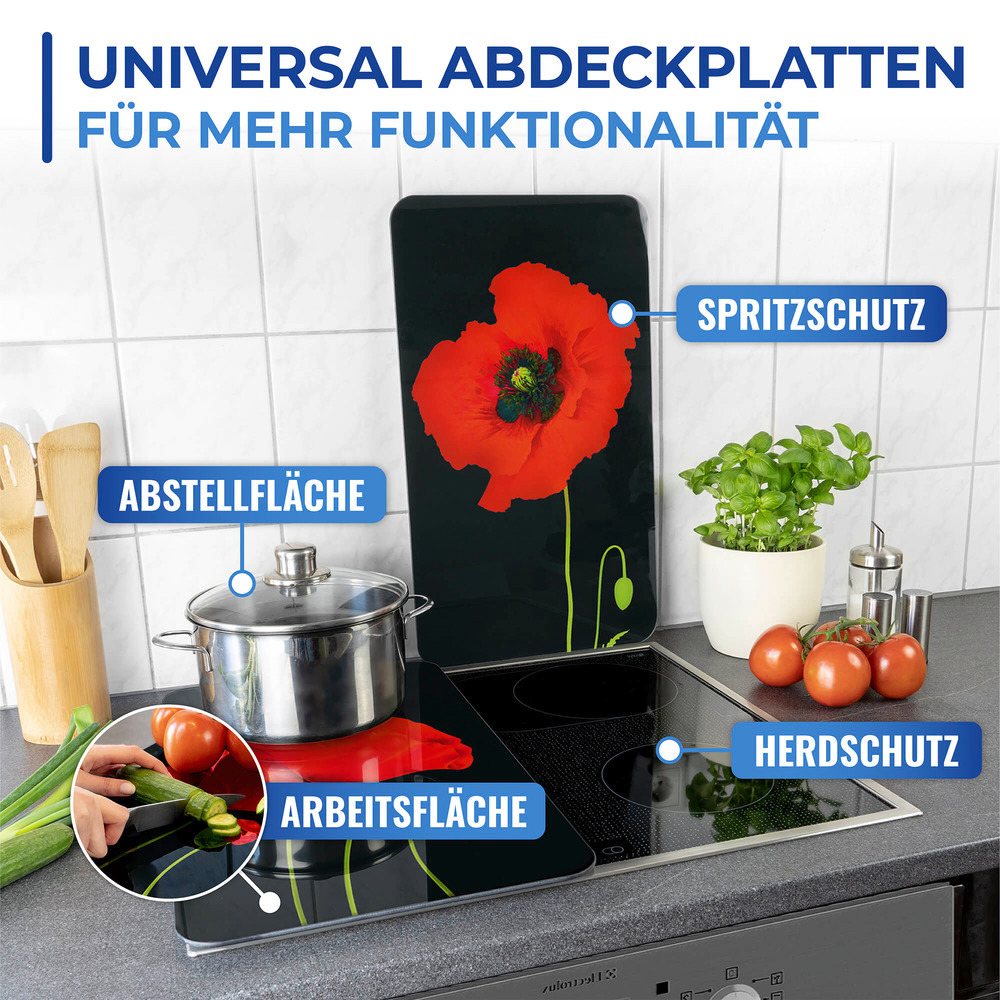 Glasabdeckplatte Universal Mod. Mohn, 2er Set  für alle Herdarten