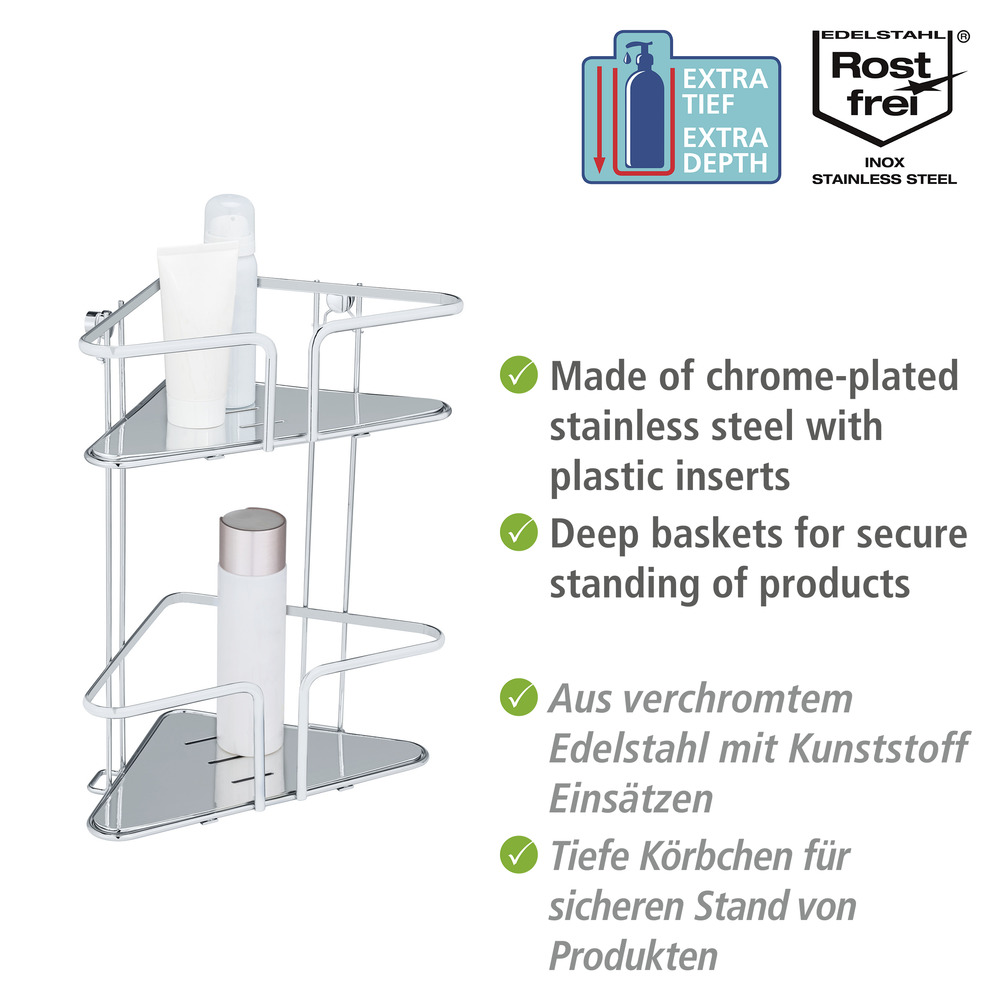 Edelstahl Eckregal Mod. Termoli 2 Etagen  Extra tiefe Körbe für Shampoo- und Duschgelflaschen