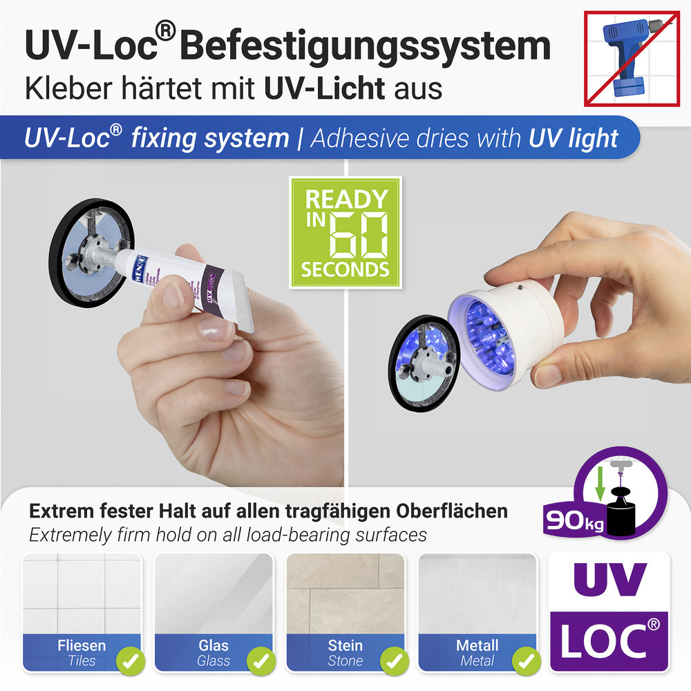 UV-Loc® Badetuchstange Uno Mod. Isera 60 cm  Befestigen ohne Bohren mit innovativem Klebesystem