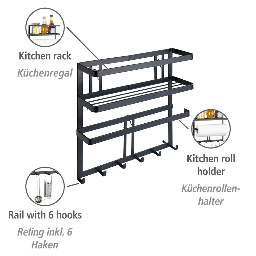 Multifunktionsregal Mod. Gala  Küchenregal mit Küchenrollenhalter & Reling inkl. 6 Haken