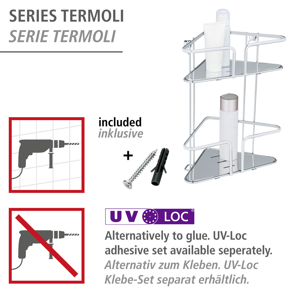 Edelstahl Eckregal Mod. Termoli 2 Etagen  Extra tiefe Körbe für Shampoo- und Duschgelflaschen