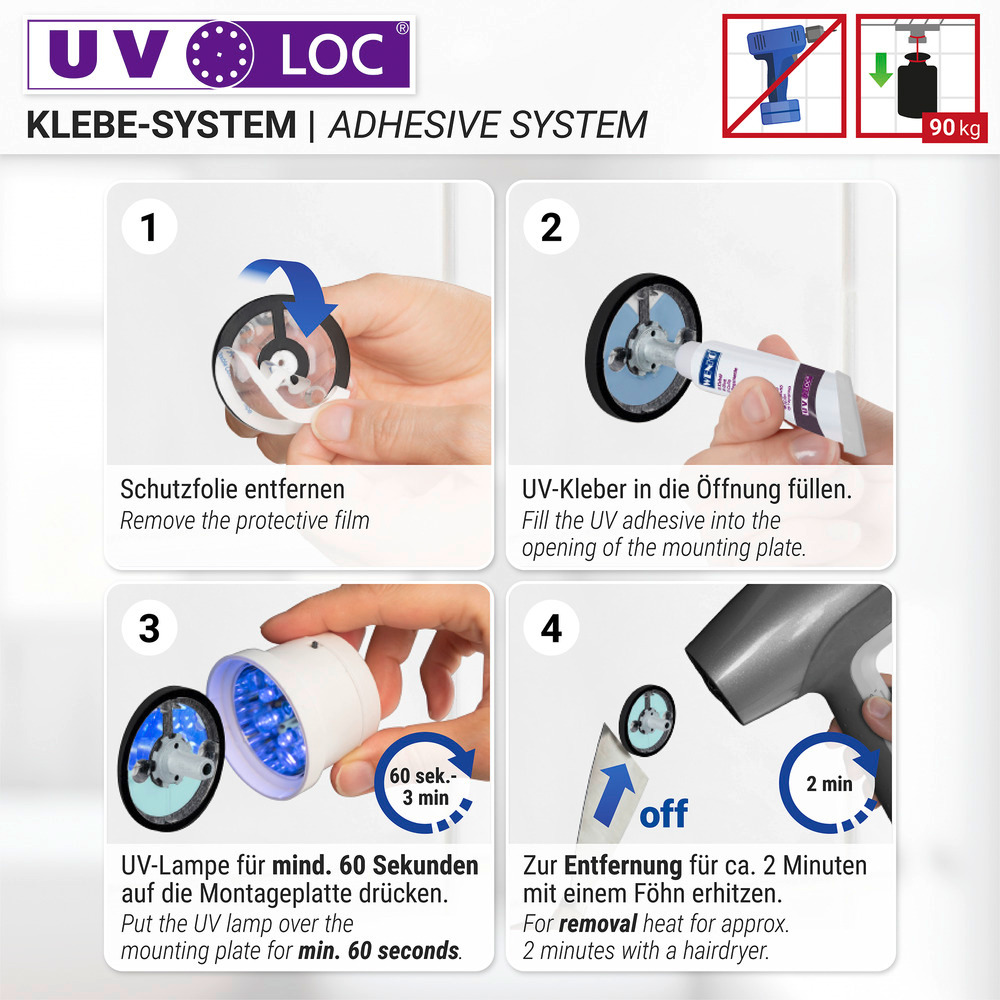 UV-Loc® Badetuchstange Uno Mod. Udine 40 cm  Befestigen ohne Bohren mit innovativem Klebesystem