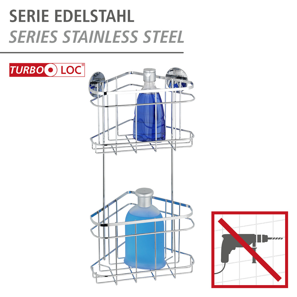 Turbo-Loc® Edelstahl Eckregal 2 Etagen  rostfrei, Befestigen ohne bohren