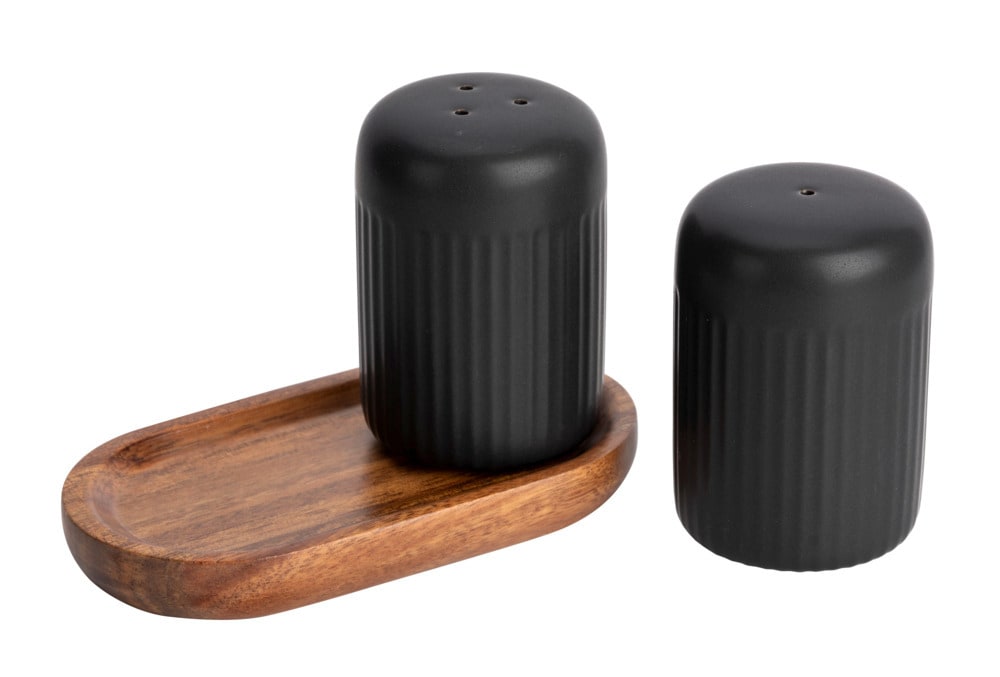 Salz- und Pfefferstreuer Mod. REFIA, schwarz, Keramik, Akazienholz, 2x75ml  mit FSC®-zertifiziertem Holztablett
