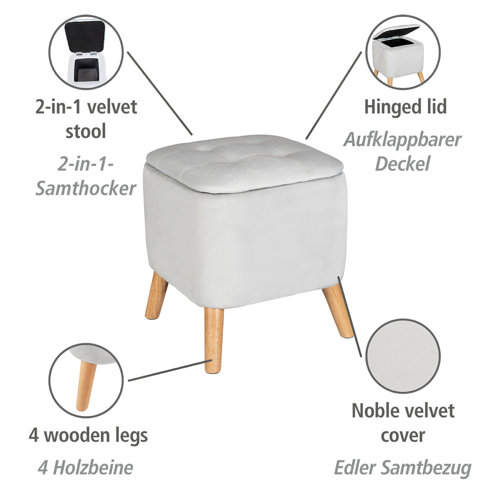 Grauer Samthocker mit verborgenem Stauraum und Holzbeinen  2 in 1 Hocker mit verborgenem Stauraum