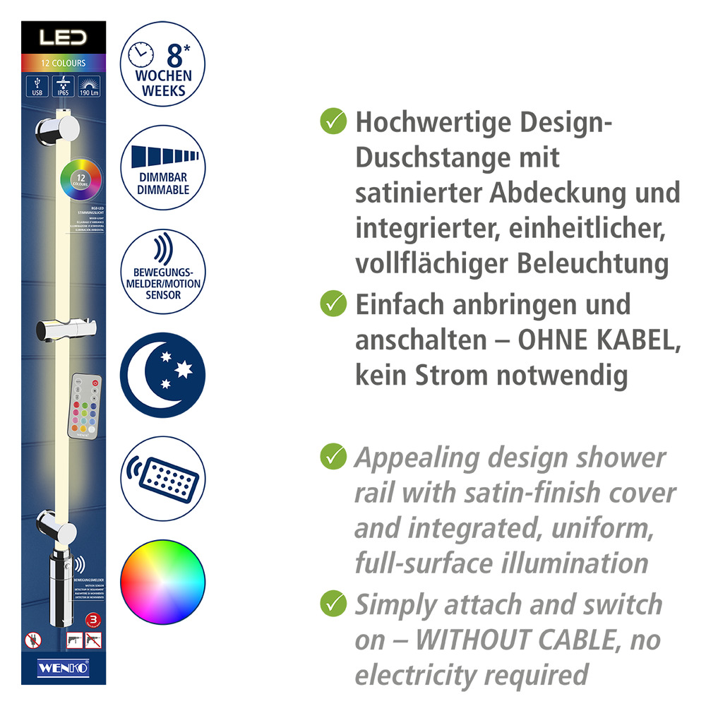 LED Duschstange, 94 cm, RGB-Farbwechsel & Warmweiß  beleuchtete Brausestange