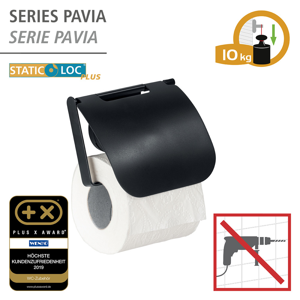 Static-Loc® Plus Toilettenpapierhalter mit Deckel Mod. Pavia Schwarz  WC-Rollenhalter, Befestigen ohne bohren