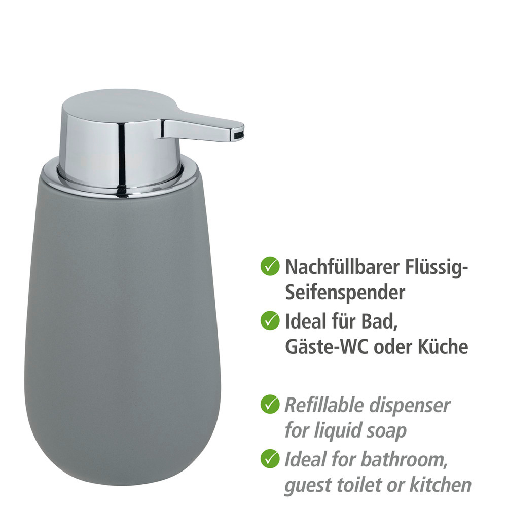 Seifenspender Mod. Badi Grau  hochwertige Keramik, Füllmenge 320 ml