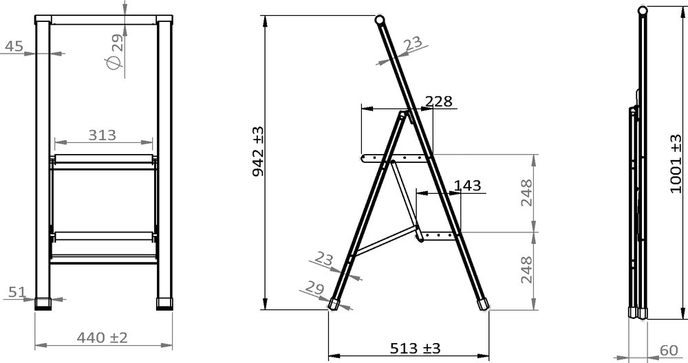 Alu-Design Klapptrittleiter 2-stufig Schwarz  rutschsichere XXL-Stufen