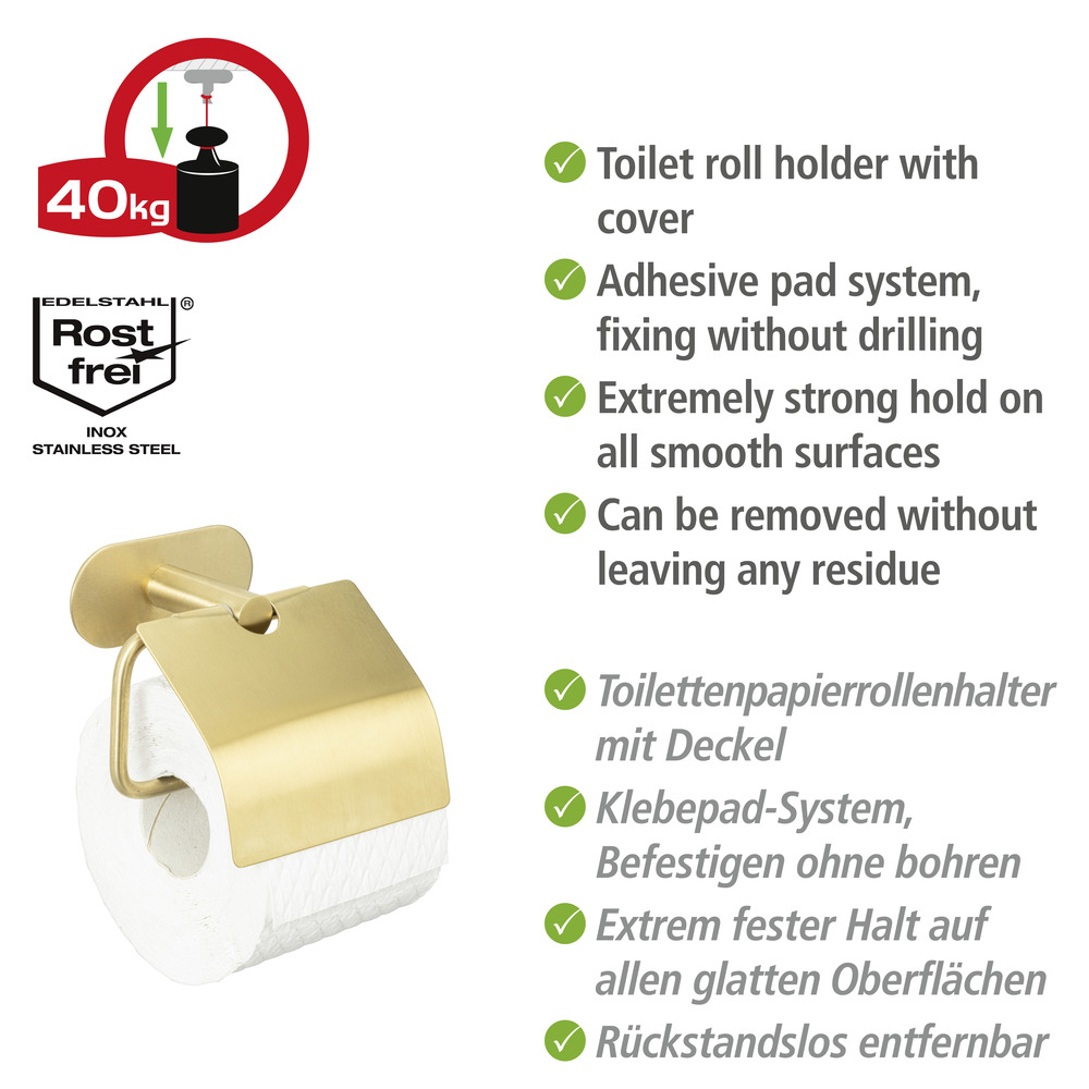 Turbo-Loc® Toilettenpapierhalter mit Deckel Mod. Orea Gold Matt  Befestigen ohne Bohren