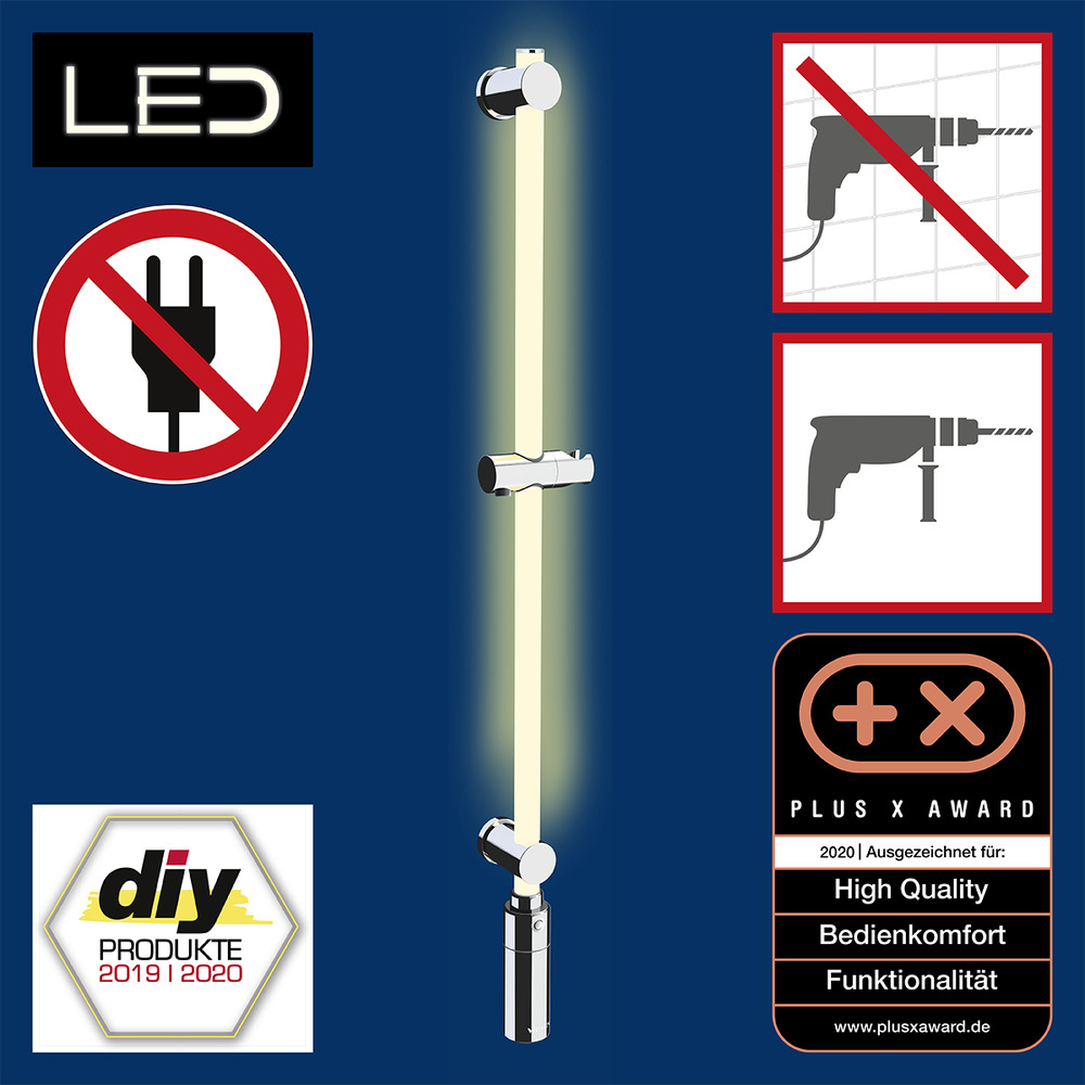 LED Duschstange, 94 cm, Warmweiß  beleuchtete Brausestange