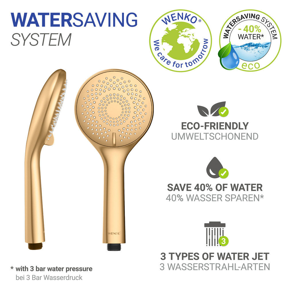 Duschkopf Watersaving Gold matt  Universal-Handbrause, Ø 11 cm, 3 Strahlarten