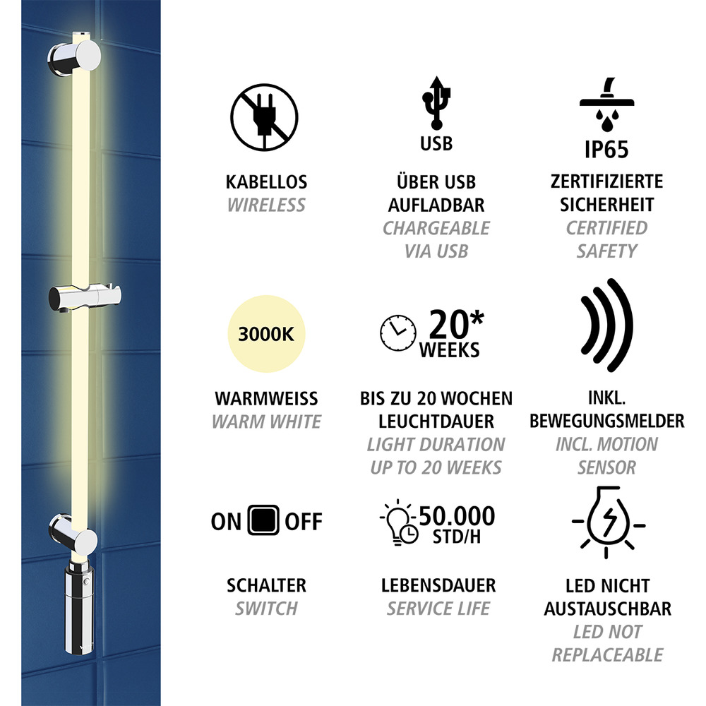 LED Duschstange, 94 cm, Warmweiß  beleuchtete Brausestange