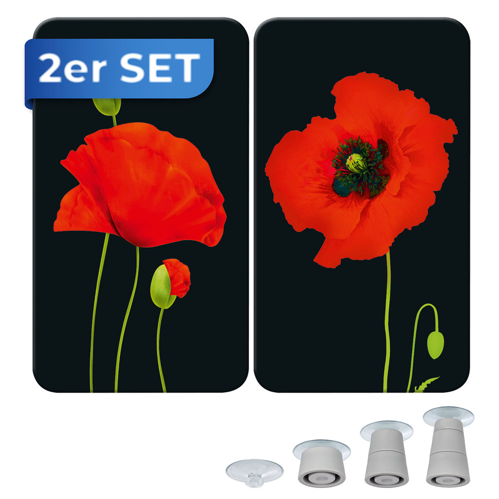 Glasabdeckplatte Universal Mod. Mohn, 2er Set  für alle Herdarten