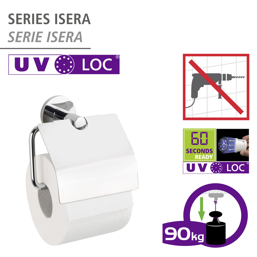 UV-Loc® Toilettenpapierhalter mit Deckel Mod. Isera  Befestigen ohne Bohren mit innovativem Klebesystem