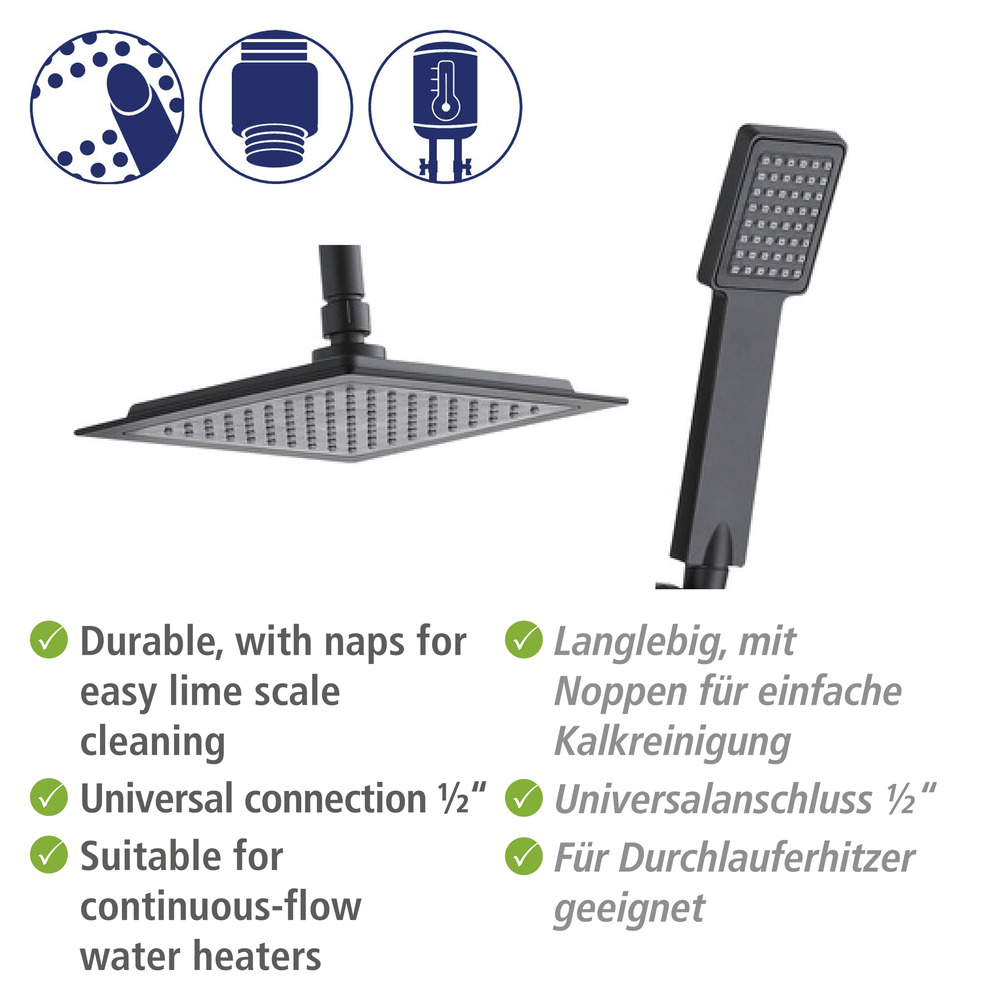 Duschsystem Mod. Quadro Schwarz matt  mit Regendusche und Handbrause