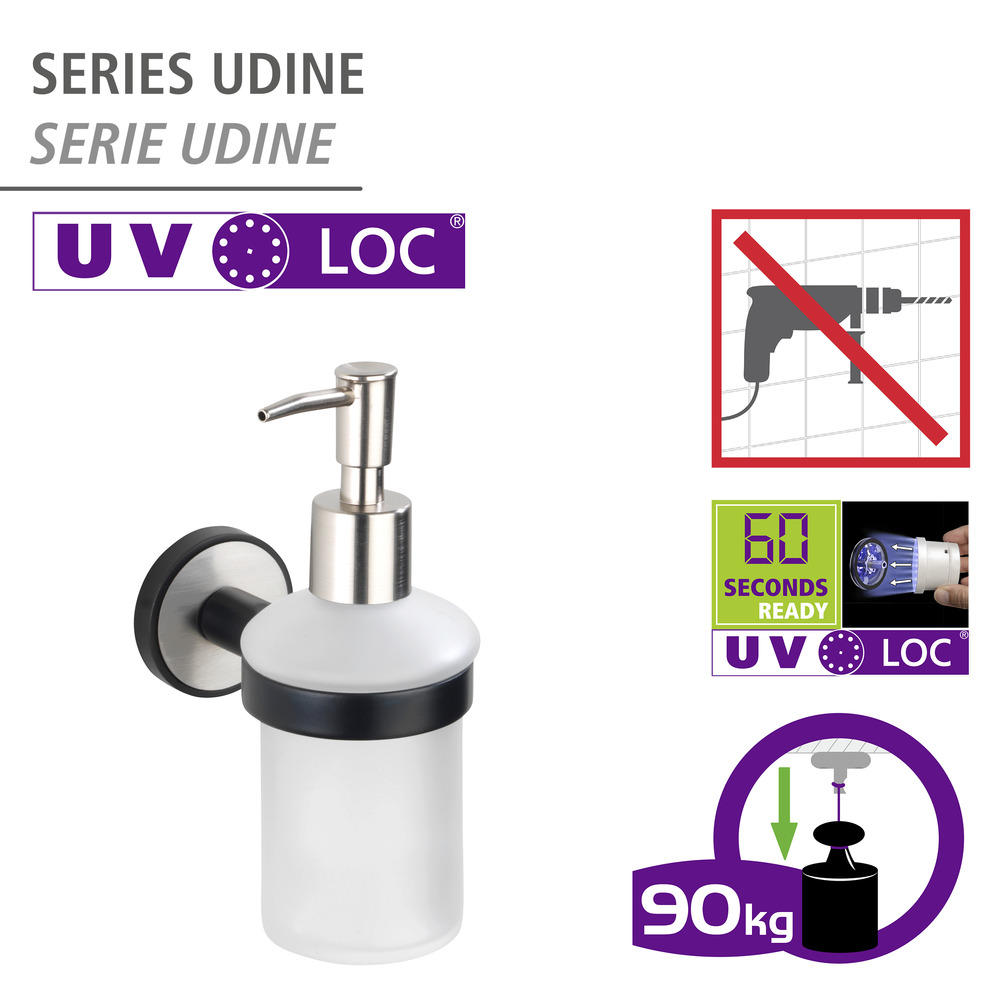 UV-Loc® Seifenspender Mod. Udine  Befestigen ohne Bohren mit innovativem Klebesystem