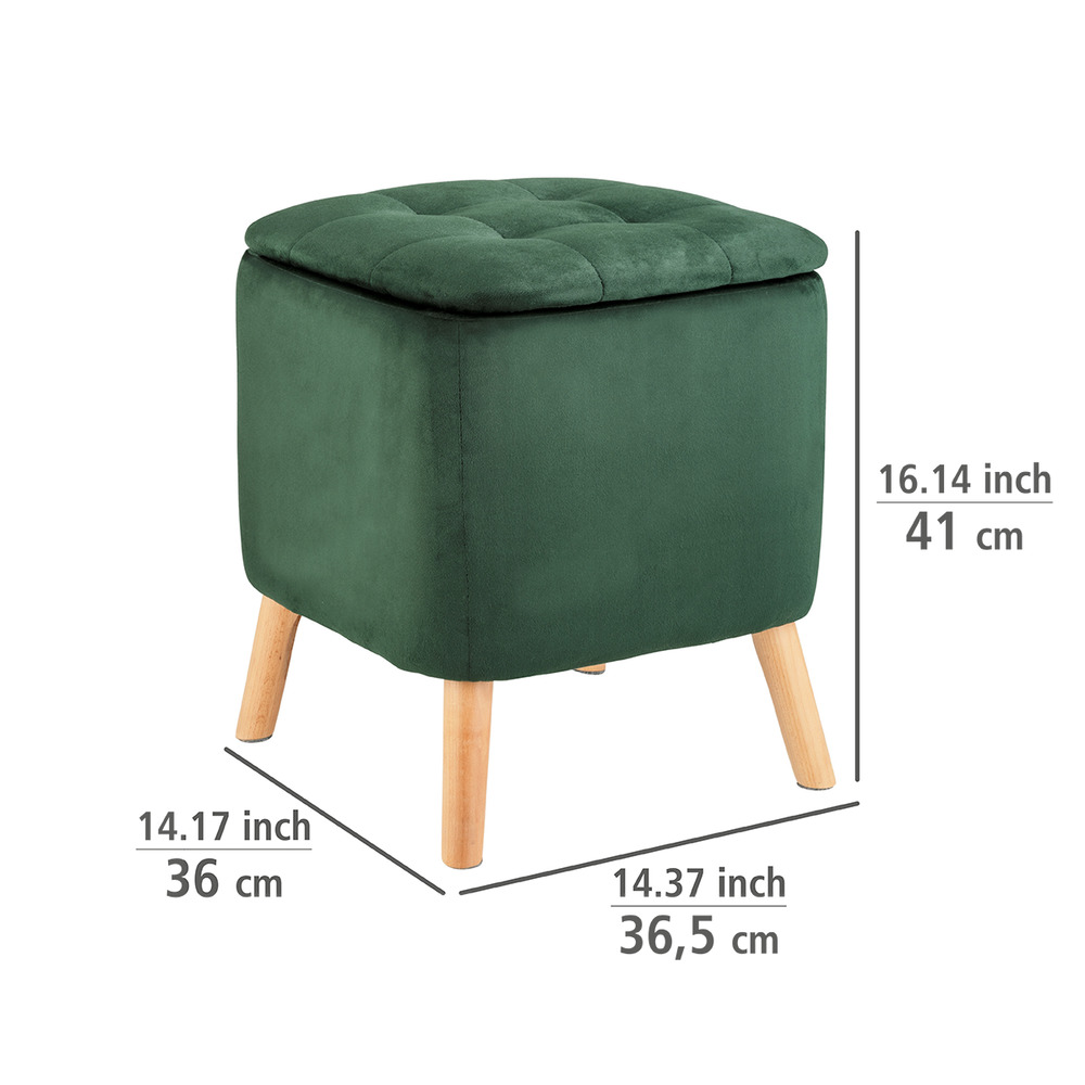 Grüner Samthocker mit verborgenem Stauraum und Holzbeinen  2 in 1 Hocker mit verborgenem Stauraum