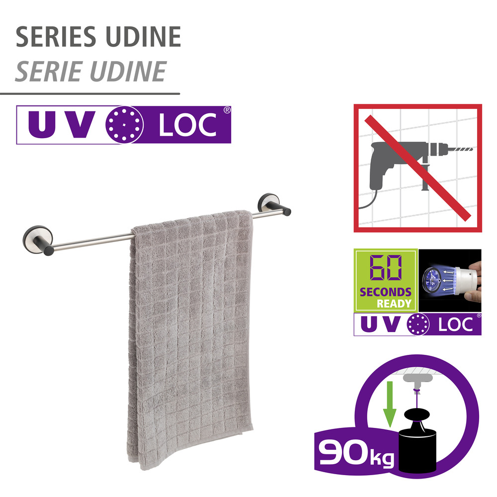 UV-Loc® Badetuchstange Uno Mod. Udine 60 cm  Befestigen ohne Bohren mit innovativem Klebesystem