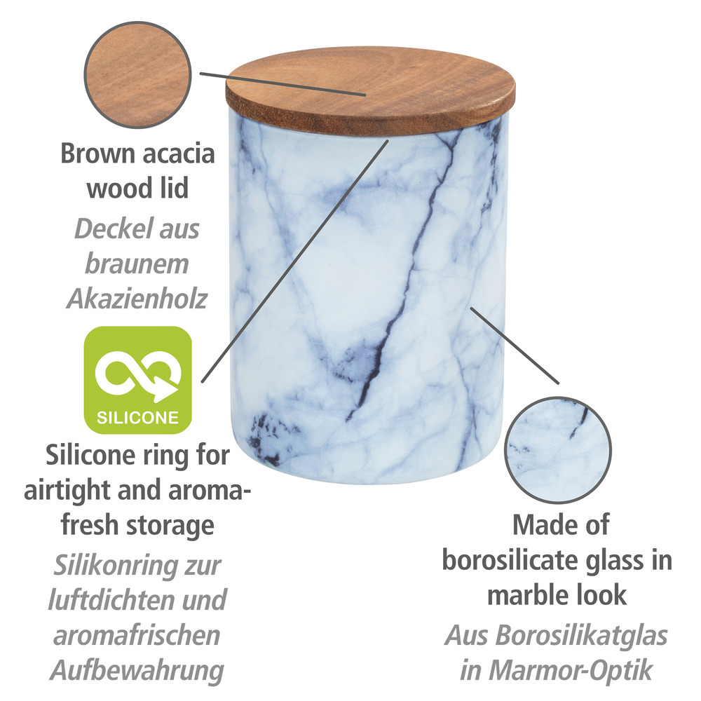 Aufbewahrungsdose Mio 1 L  Blaue Glasdose mit Deckel aus Akazienholz