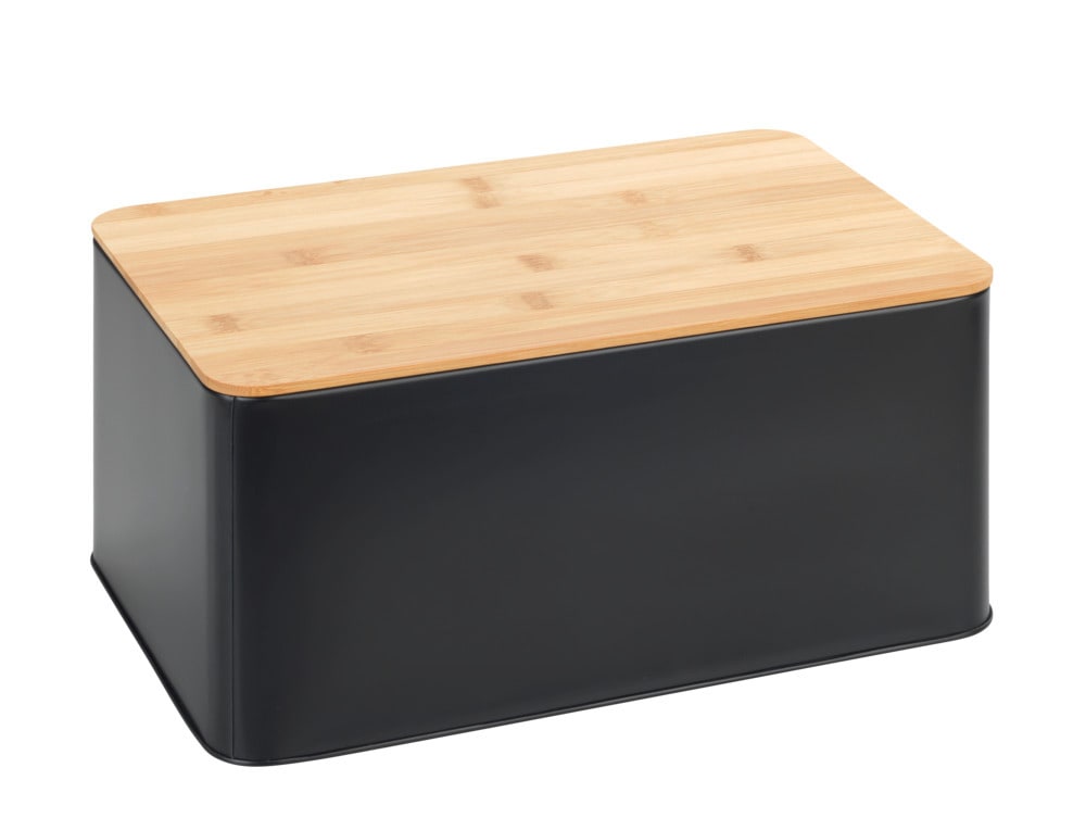 Brotkasten Set, schwarz, Metall, Bambusdeckel, 32,5x21x15 cm  inklusive 3 Aufbewahrungsdosen