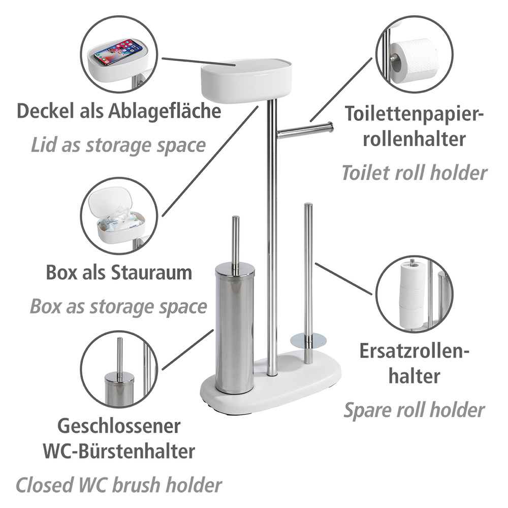 Stand WC-Garnitur mit Box Mod. Rivazza Weiß  integrierter Toilettenpapierhalter, Ersatzrollenhalter und WC-Bürstenhalter mit Ablagebox