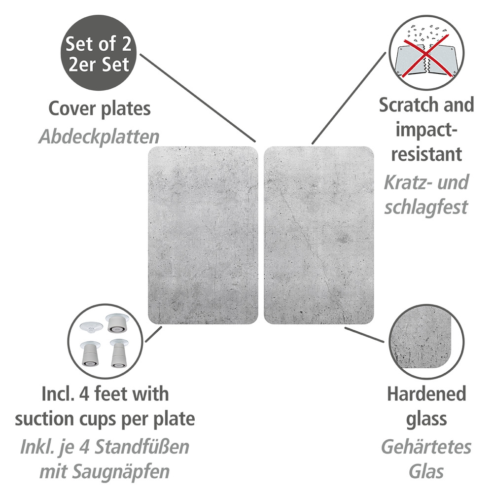 Herdabdeckplatte Universal XL Beton, 2er Set  für alle Herdarten geeignet