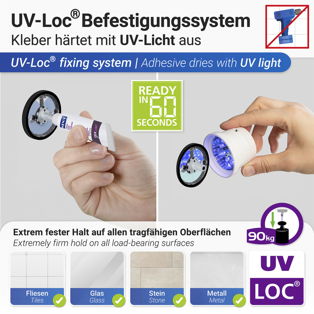 UV-Loc® Toilettenpapierhalter mit Deckel Mod. Maribor  Befestigen ohne Bohren mit innovativem Klebesystem