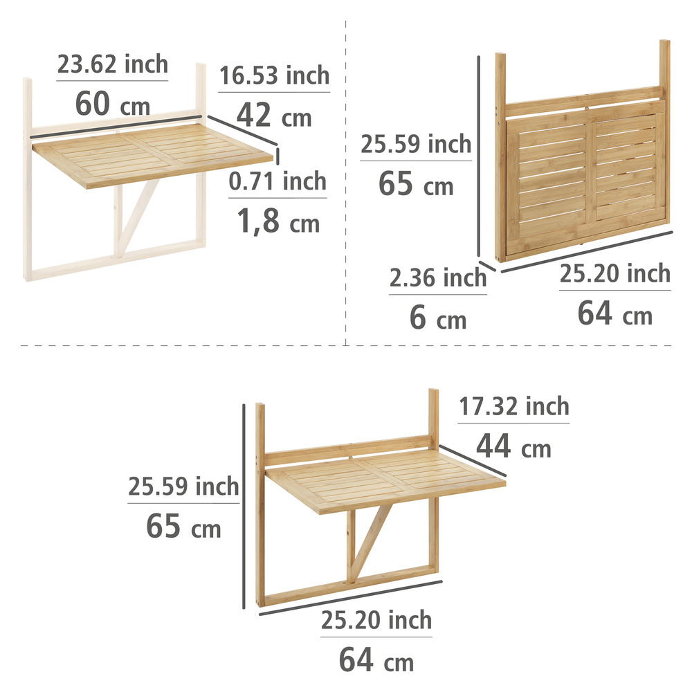 Bambus Balkon-Klapptisch Mod. Waikiki  zum Einhängen an Balkongeländer